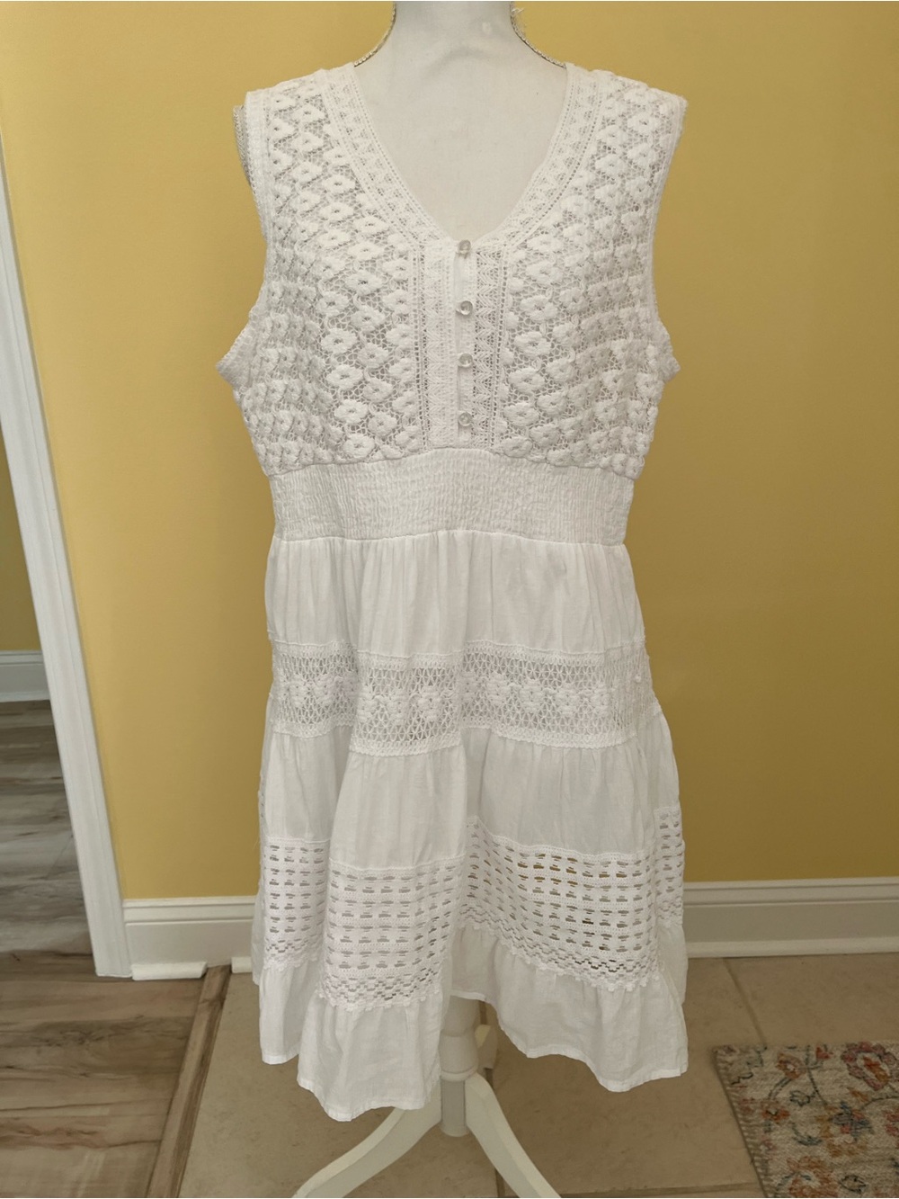 Naoo White Crochet Bodice Lined Tiered Midi Dress